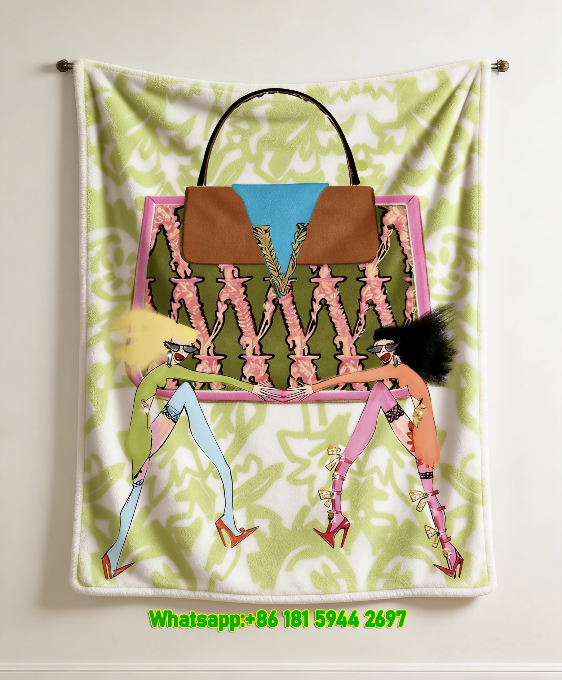 Versace Green Pink Fashion Illustration Print Flannel Sofa Throw Blanket IMG_1756